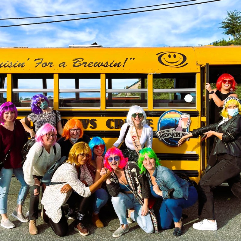 a group of people in a school bus