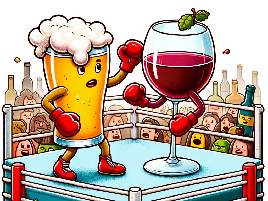 Beer Vs Wine a-glass-of-beer-and-a-glass-of-wine-are-personified-and-fighting-in-a-boxing-ring