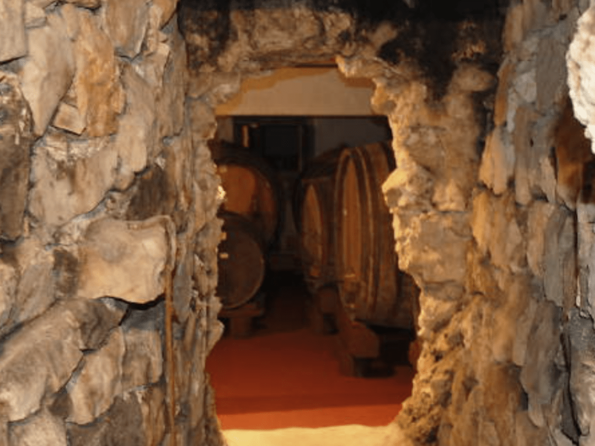Stone tunnel with wooden barrels at the end in a dimly lit environment.