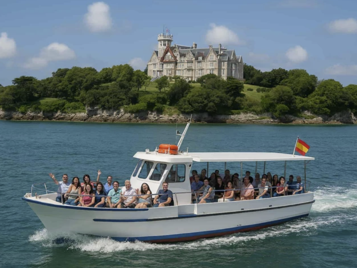 Tour boat with passengers near a large mansion on a lush island.