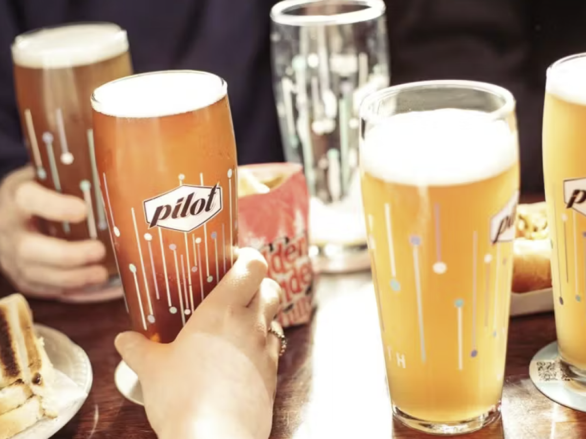 People toasting with glasses of beer at a table, sandwich and fries visible.