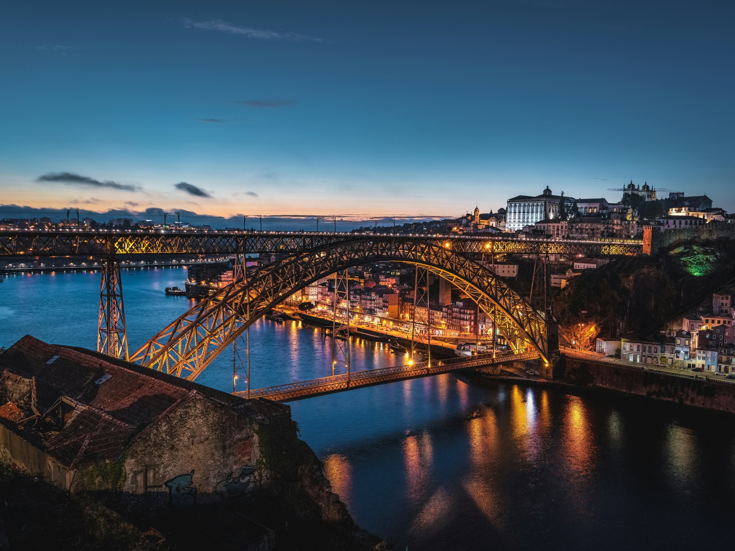 Illuminated iron bridge over a river at dusk with city lights in the background.