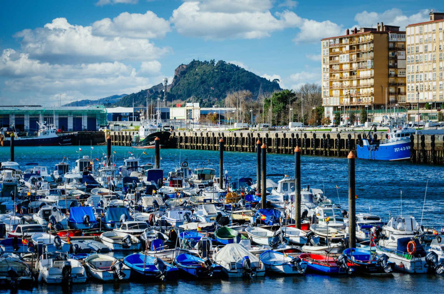 Boats docked in a marina with buildings and a hill in the background under a partly cloudy sky.