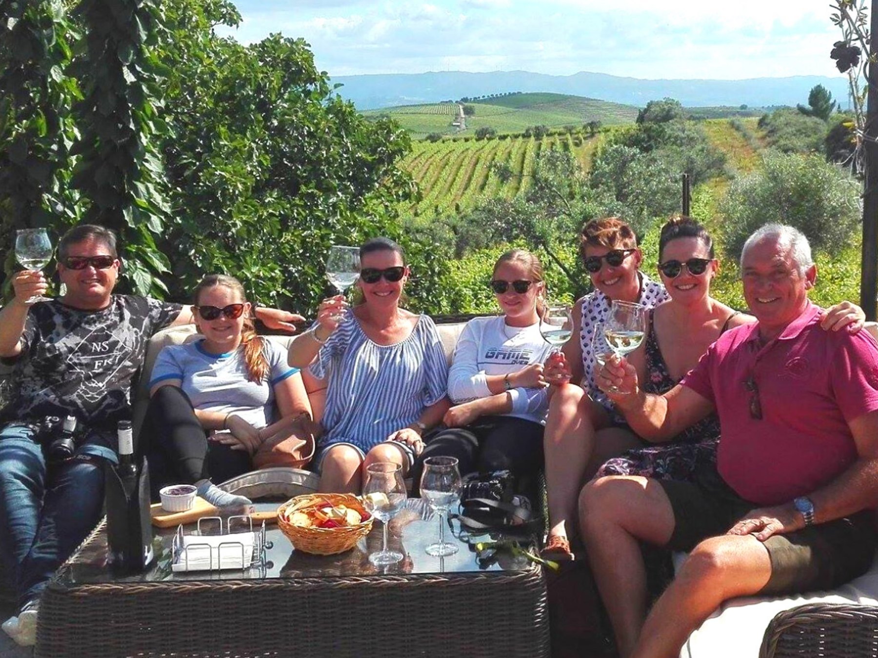 Group of people sitting outdoors, holding wine glasses, with vineyard in the background.