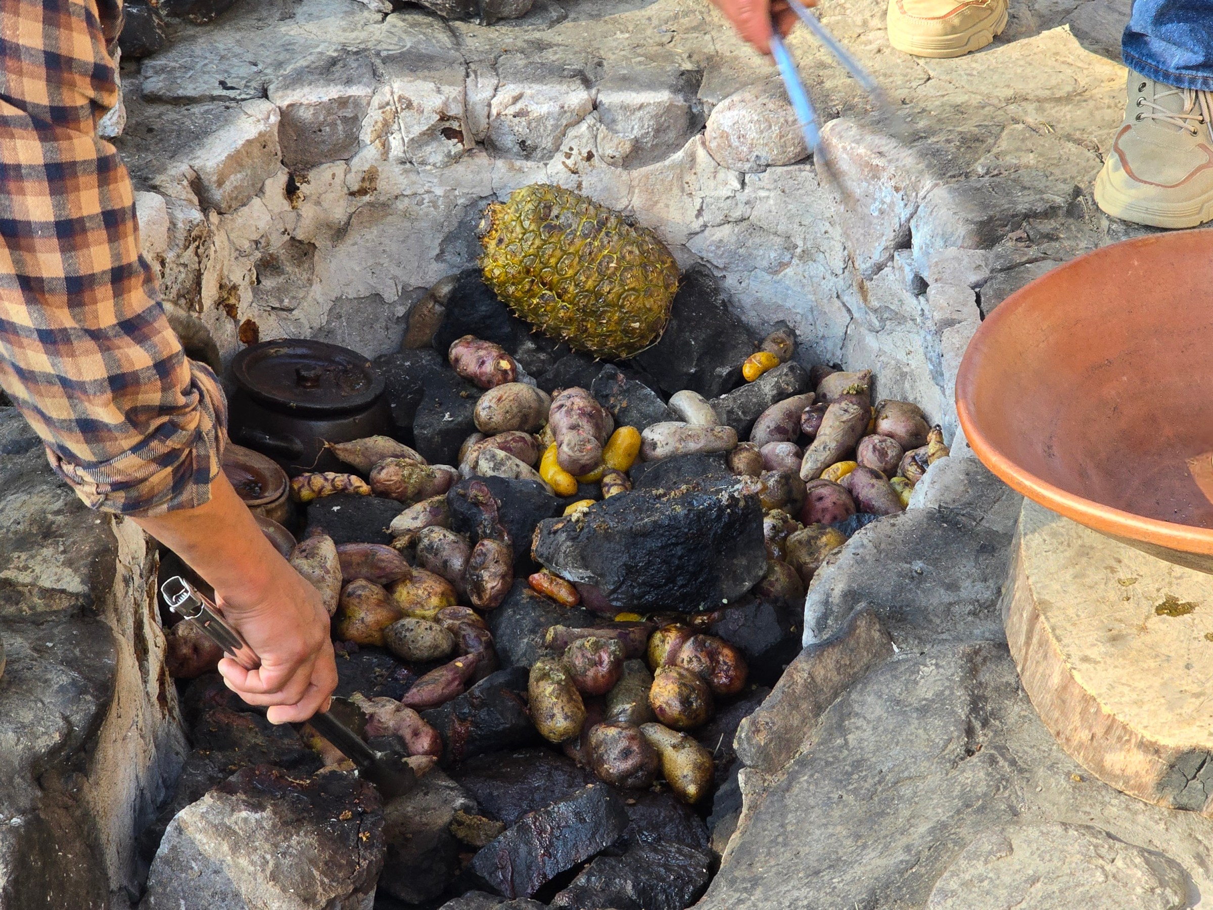 People cooking potatoes and corn in an outdoor fire pit lined with stones.